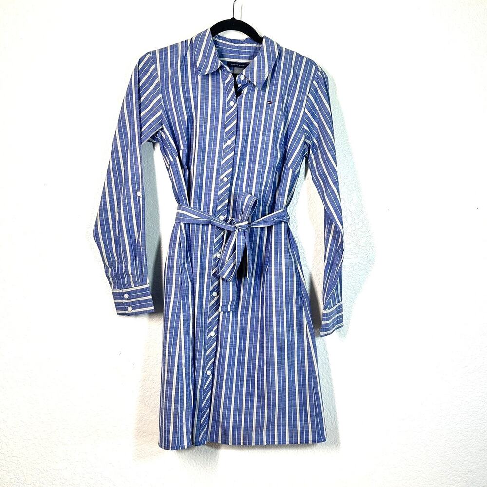 2/S Dress Shirt dress Mini Shift belted chambray Blue Striped Preppy  Collegiate
